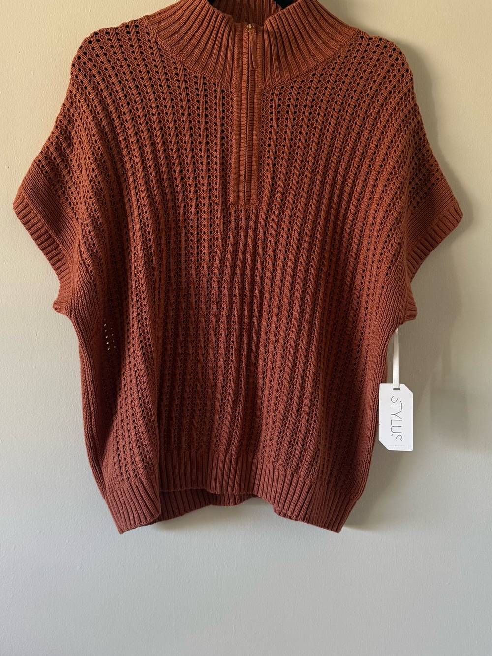 STYLUS Rust Open-Knit Half-Zip Turtleneck Poncho